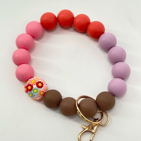 Keychain bracelet wristlet silicone beaded beads floral flowers NEW handmade cla - Picture 4 of 7